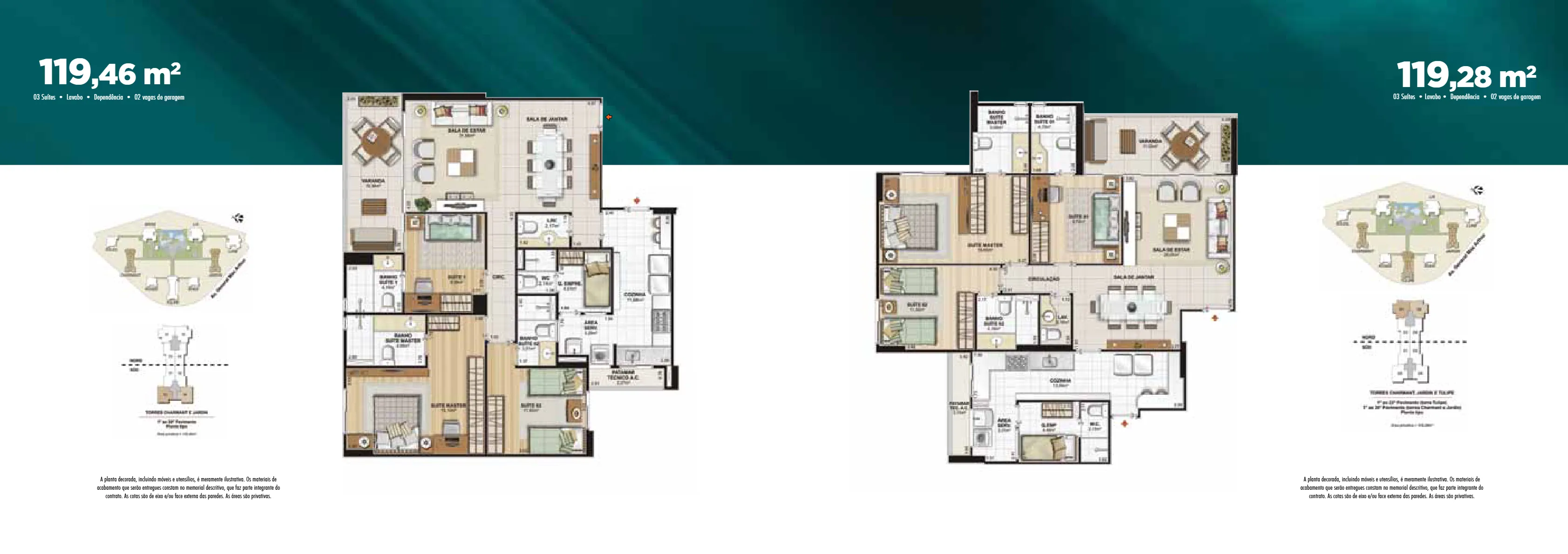 Le Parc Boa Viagem — plantas dos apartamentos de 119,46 m² e 119,28 m²