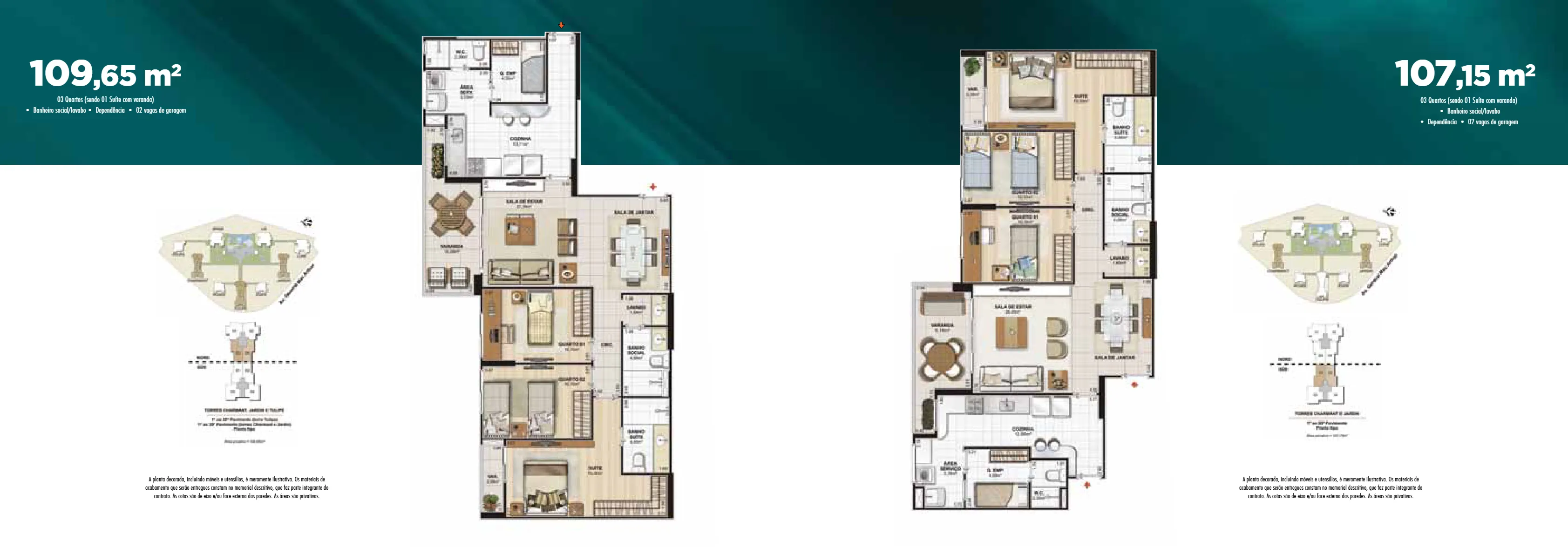 Le Parc Boa Viagem — plantas dos apartamentos de 109,65 m² e 107,15 m²