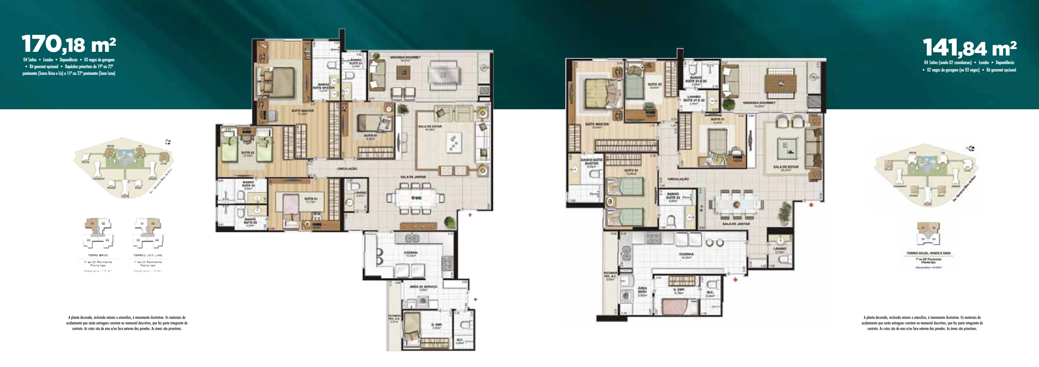 Le Parc Boa Viagem — plantas dos apartamentos de 170,18 m² e 141,84 m²