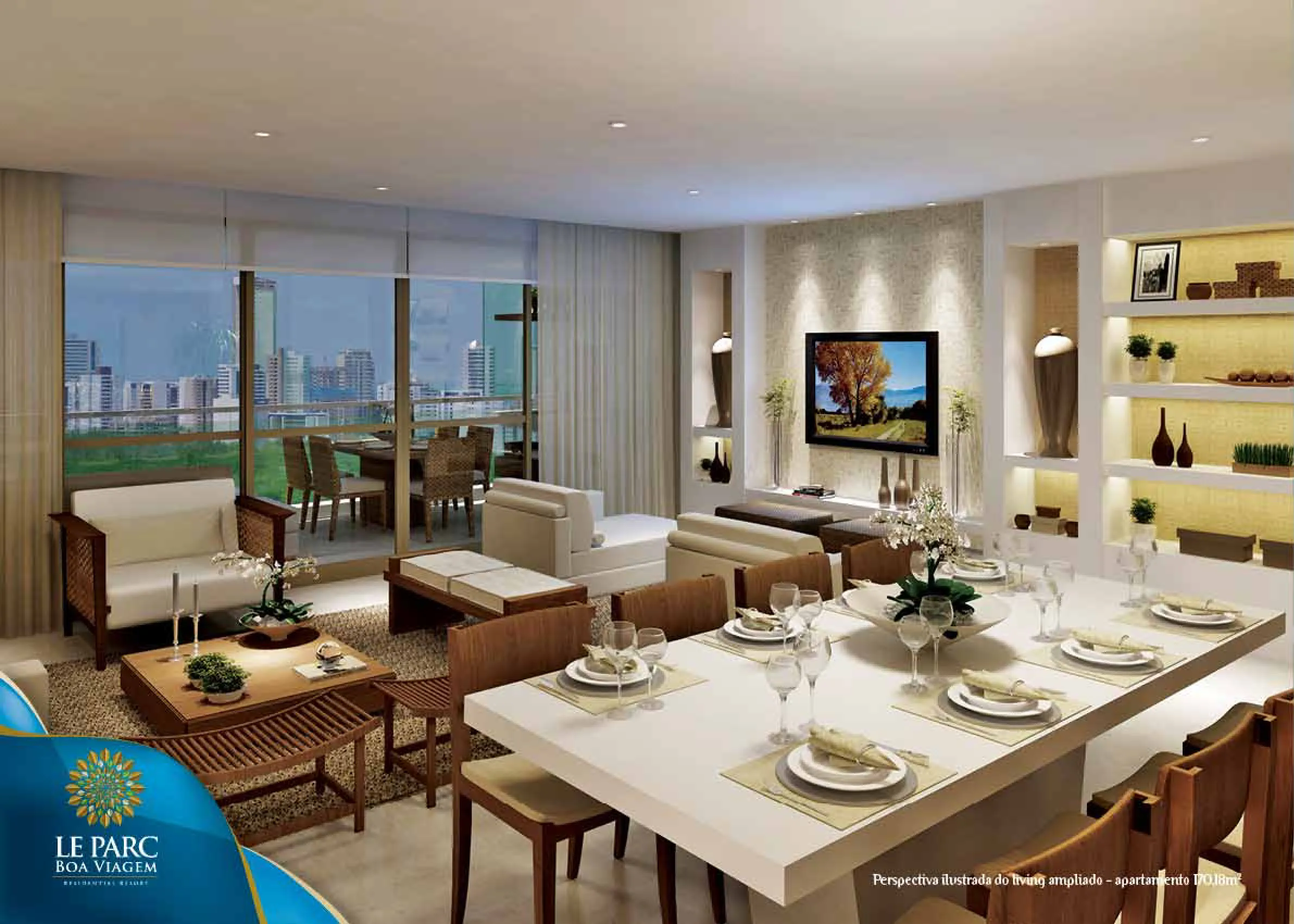 Le Parc Boa Viagem — perspectiva ilustrada do living ampliado do apartamento de 170,18 m²