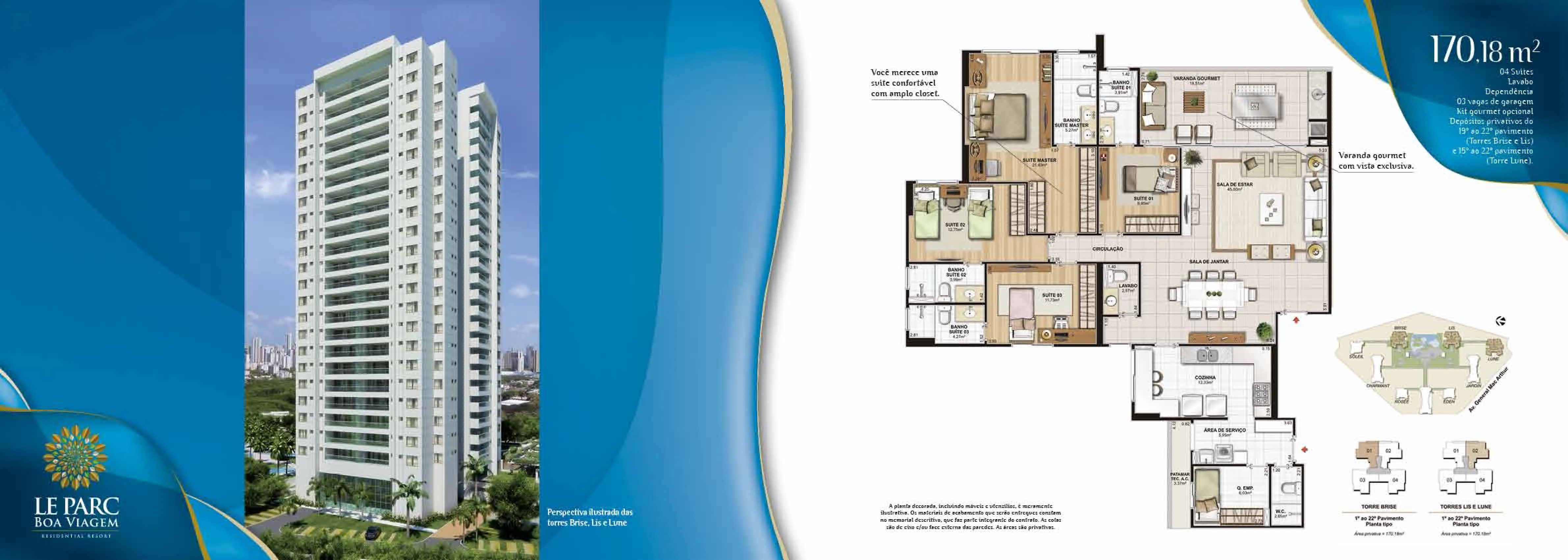 Le Parc Boa Viagem — planta tipo do apartamento de 170,18 m², torres Brise, Lis e Lune