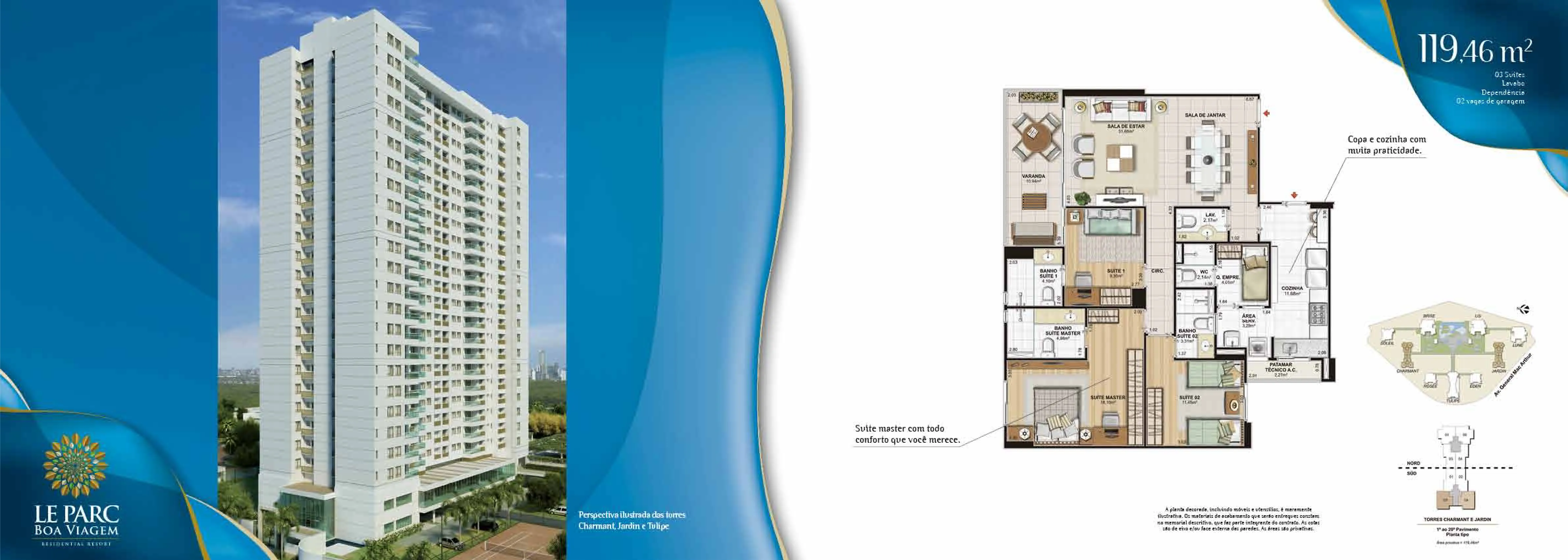 Le Parc Boa Viagem — planta tipo do apartamento de 119,46 m², torres Charmant, Jardin e Tulipe